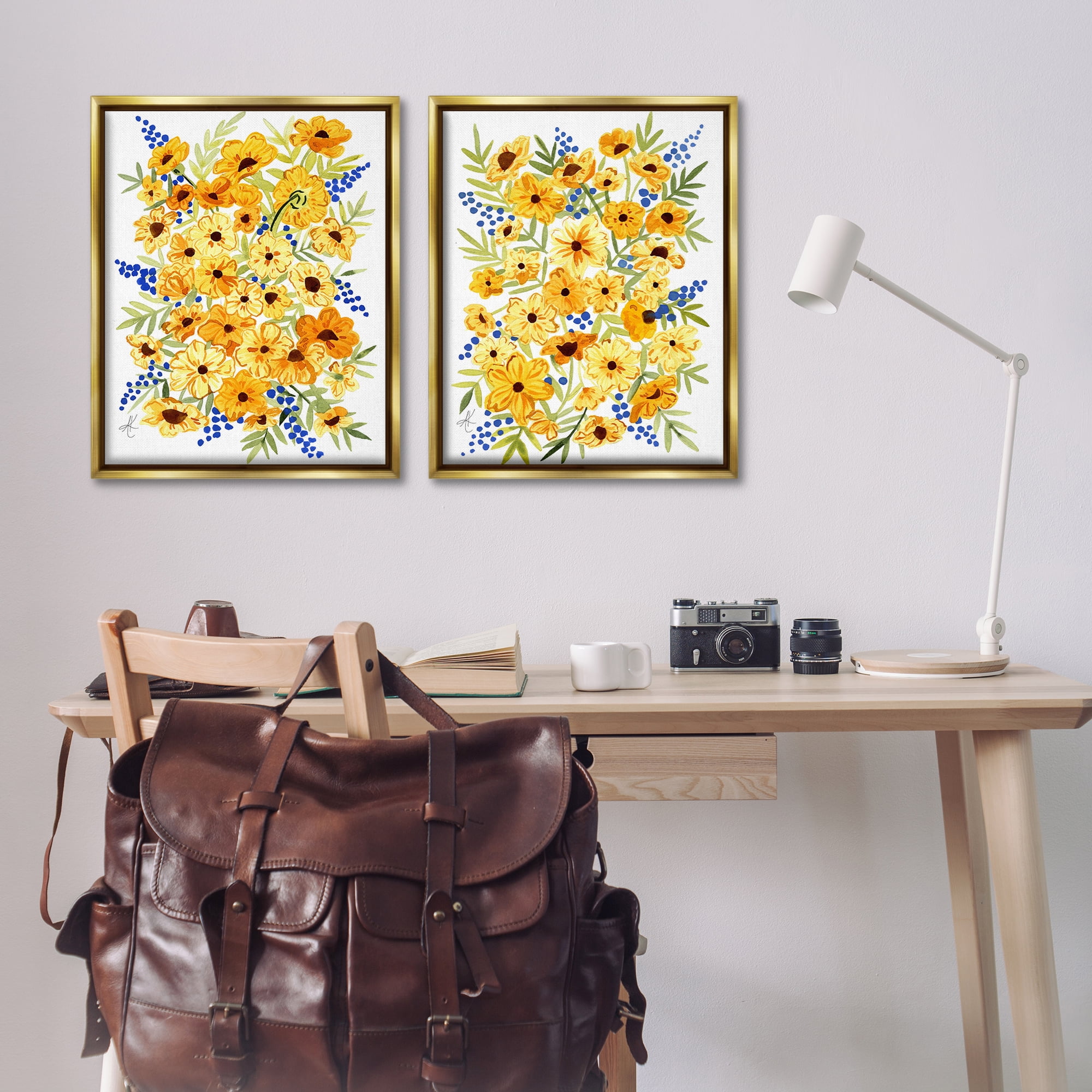 Stupell Industries Golden Cosmos with Blue Berries Plants & Flowers Painting Gold Floater Framed Canvas Art Print Wall Art, 31 x 25, Set of 2