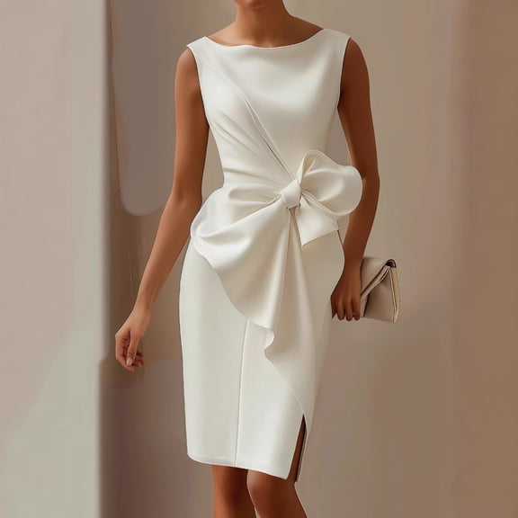 Women's Crew Neck Bowknot Twist Elegant Sleeveless Mini Dress Solid Cocktail Party Formal Gown