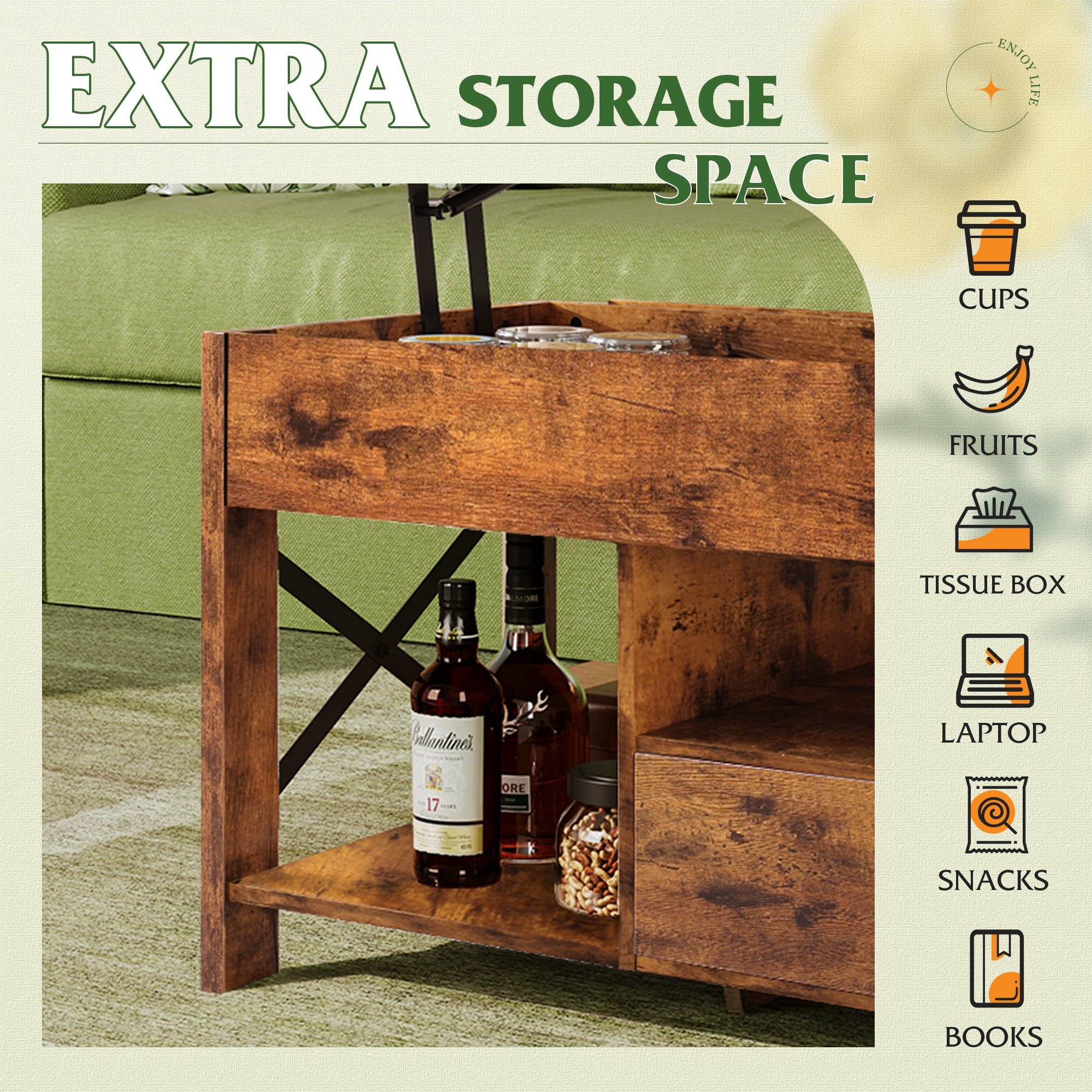 GALAXHERO Coffee Table, 39" Lift Top Coffee Table with Hidden Compartment, Storage Drawers and Storage Shelf for Living Room, Reception Room, Rustic Brown
