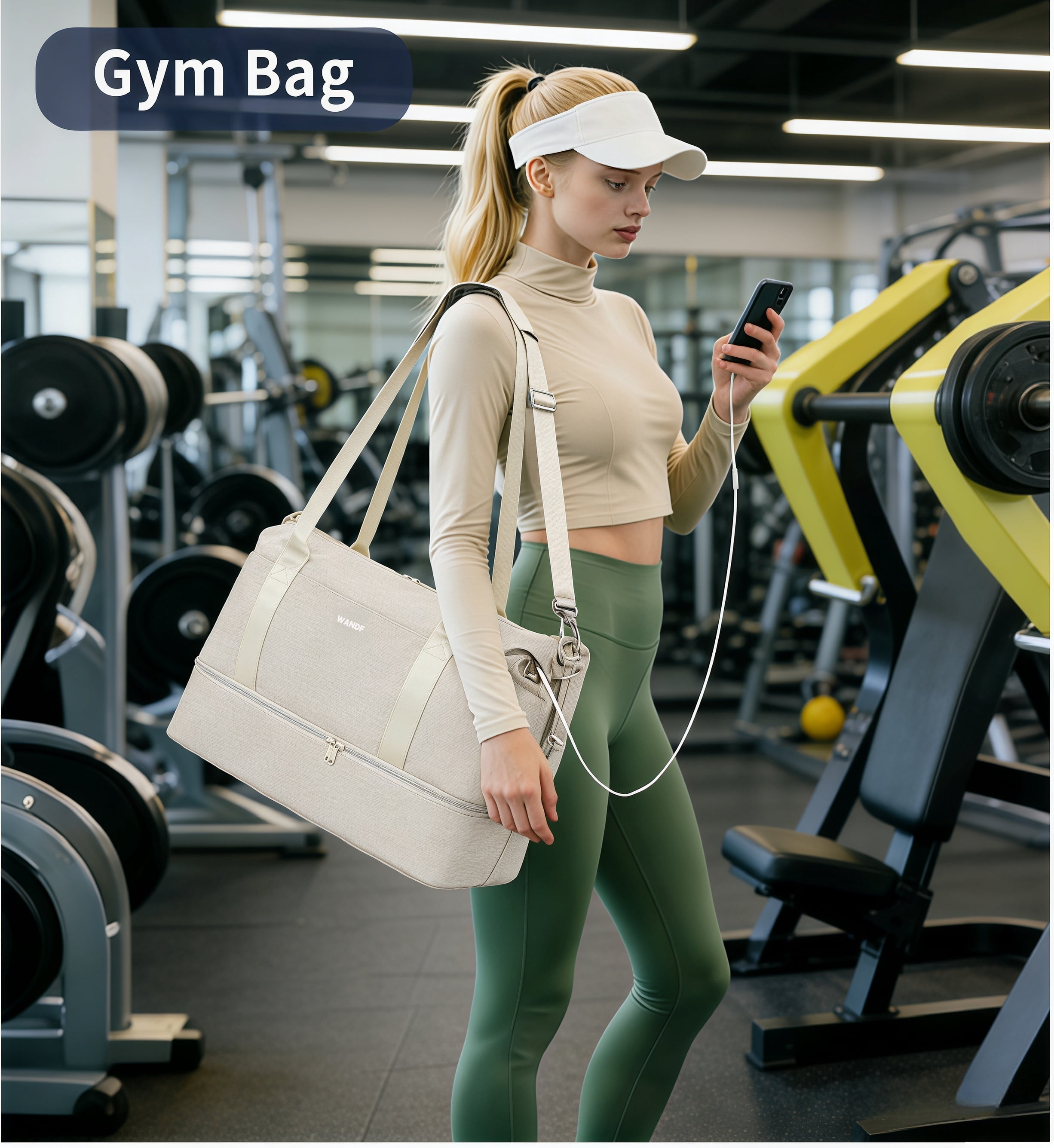 WANDF For Spirit Airlines Travel Bag With Shoe Compartment,Underseat Carry On Bag Weekender Bag with Toiletry Bag,Personal Item Bag 18x14x8 With USB Charging Port,Gym Bag With Wet Pocket(Beige Bag)