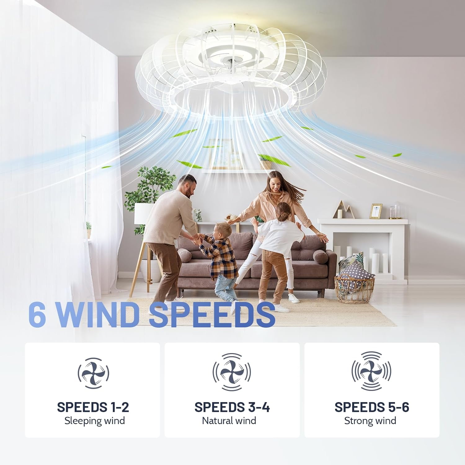 21-inch Low Profile Bladeless Ceiling Fan with Light, Bluetooth Speaker, Remote Control, 6 Wind Speeds, Dimmable LED with RGB Colors, Reversible Quiet Motor for Bedroom, Living Room, Kids Room