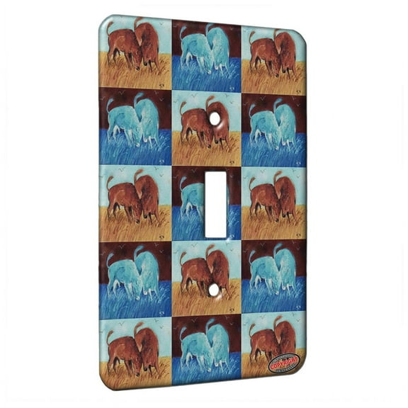 KuzmarK™ Single Gang Toggle Switch Wall Plate - American Bison Buffalo Calves Battle of the Baby Bulls Wildlife Pattern Art by Denise Every