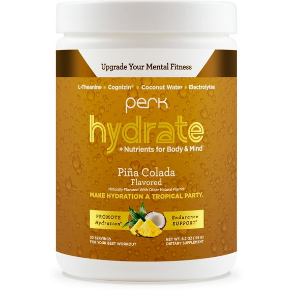 Perk Hydrate Pina Colada Flavored Electrolyte Drink Mix Powder (30 Servings) - Coconut Water, CDP-Choline, L-Theanine, Gluten-Free