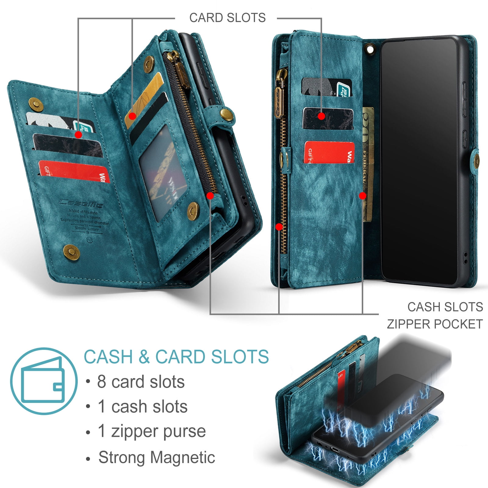 Feishell Durable 2- In-1 Magnetic Detachable Wallet Case for Samsung Galaxy A52 4G/5G,for Women Men,Premium PU Leather Zipper Pocket Flip Multi Card Slots Purse Phone Case with Wrist Strap,Green