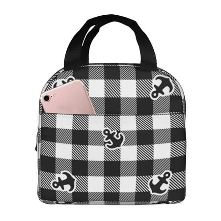 Insulated Lunch Bag for Women Men - Anchor Black Tartan Plaid Leakproof Cooler Lunch Box for Women Men  Lunch Tote Bags for Work School Picnic Travel