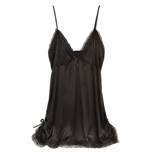 Fysho Sleepwear Sexy Lingerie Nightgown Lace Chemise Satin Slip Silk