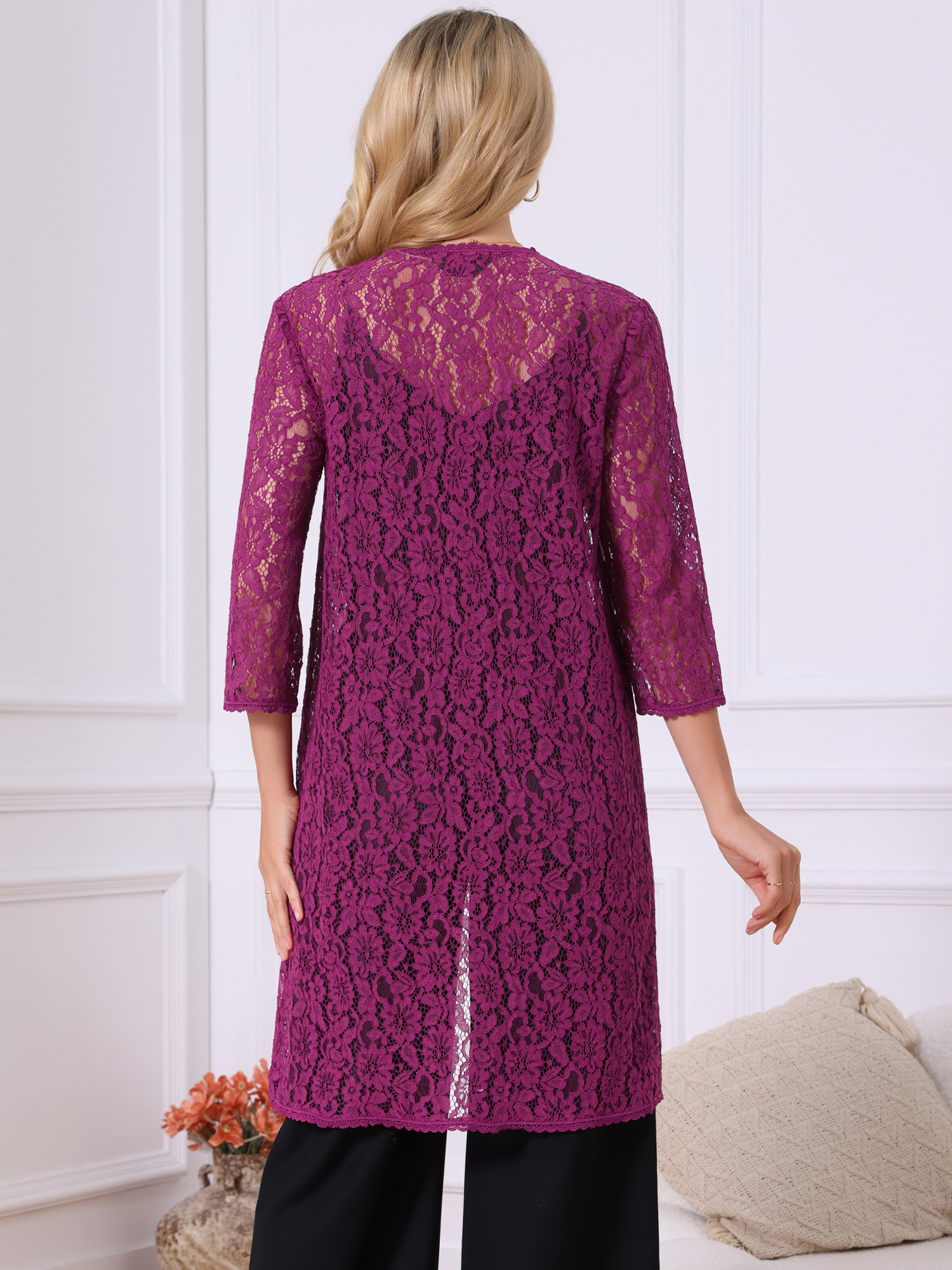 DARING DIVA Lace 3/4 Sleeve Crochet Open Front Long Cardigans XL Purple