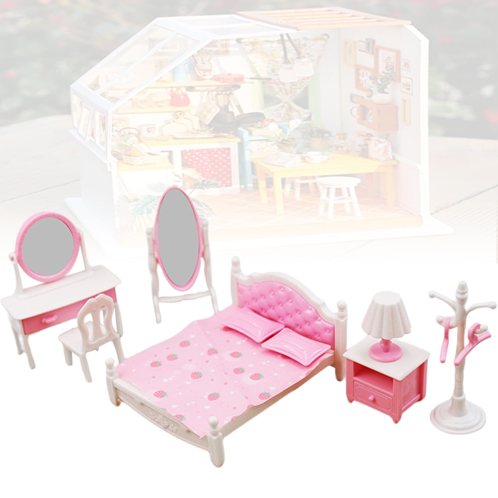 1Set 112 Dollhouse Miniature Pink Bedroom Dresser Bedside Table Bed