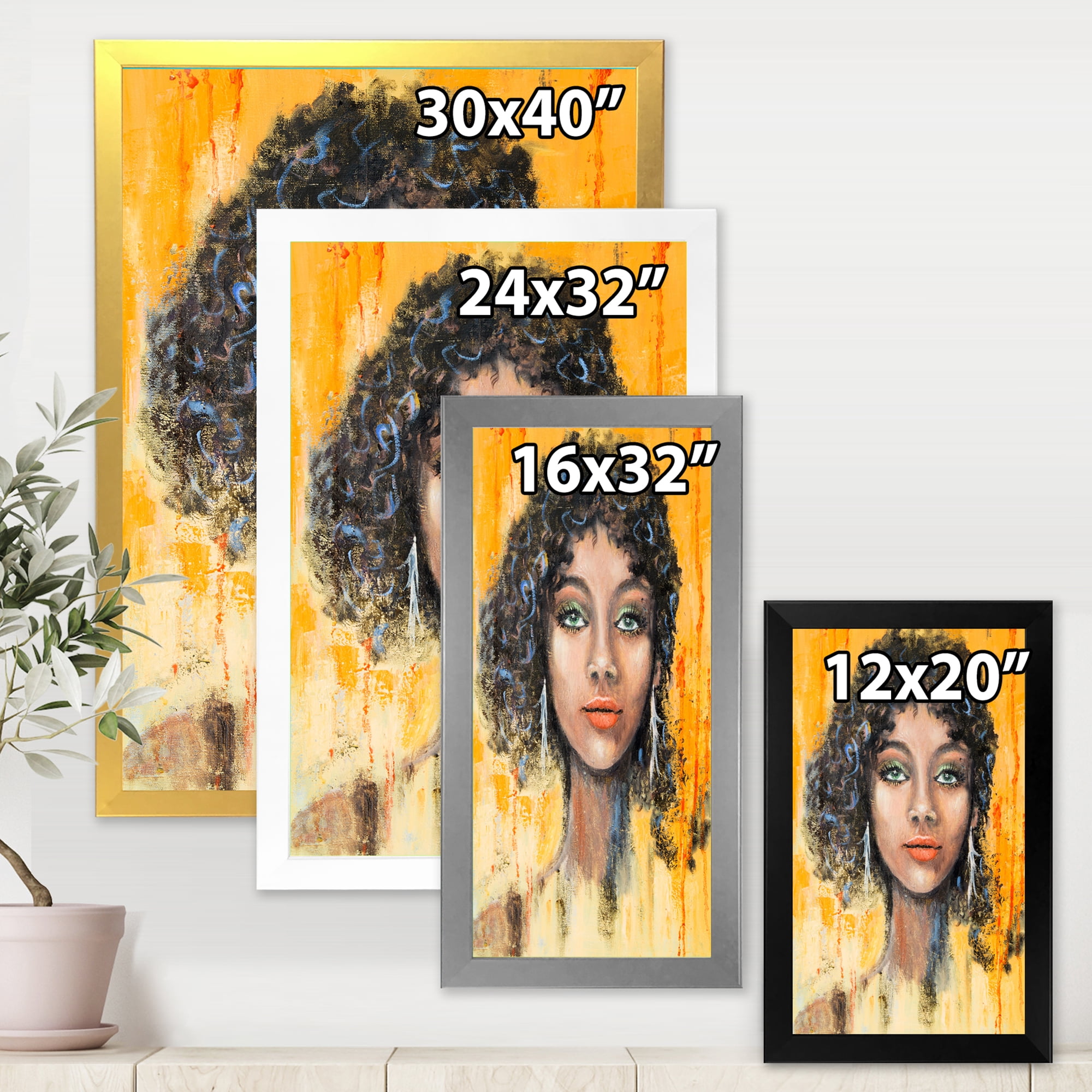 Designart 'Girl Face With Green Eyes & Black Hair Impression' Modern Framed Art Print
