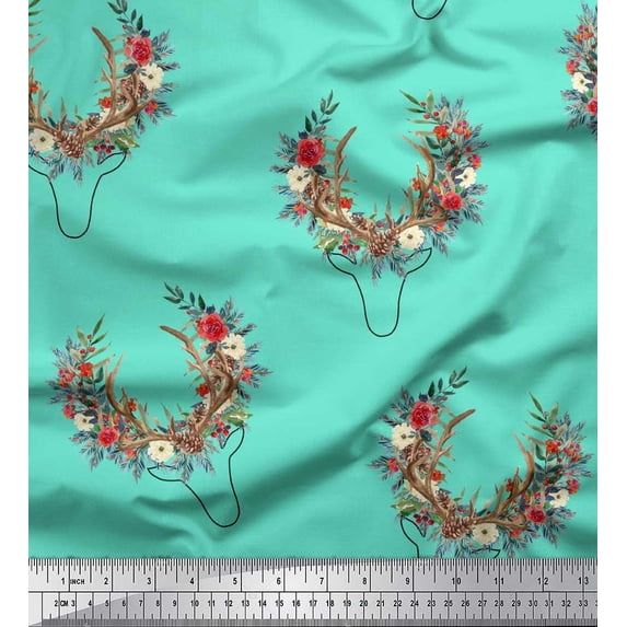 Soimoi Green Cotton Jersey Fabric Antler & Half Wreath Floral Print Fabric by Yard 58 Inch Wide
