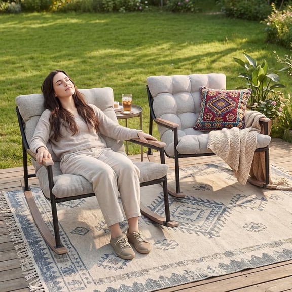 Outdoor Patio Papasan Rocking Chair with Armrest Indoor Recliner Rocking Chair with Padded Cushions Lounge Rocker for Porch Garden Backyard Balcony (Light Beige, 2 PCS)