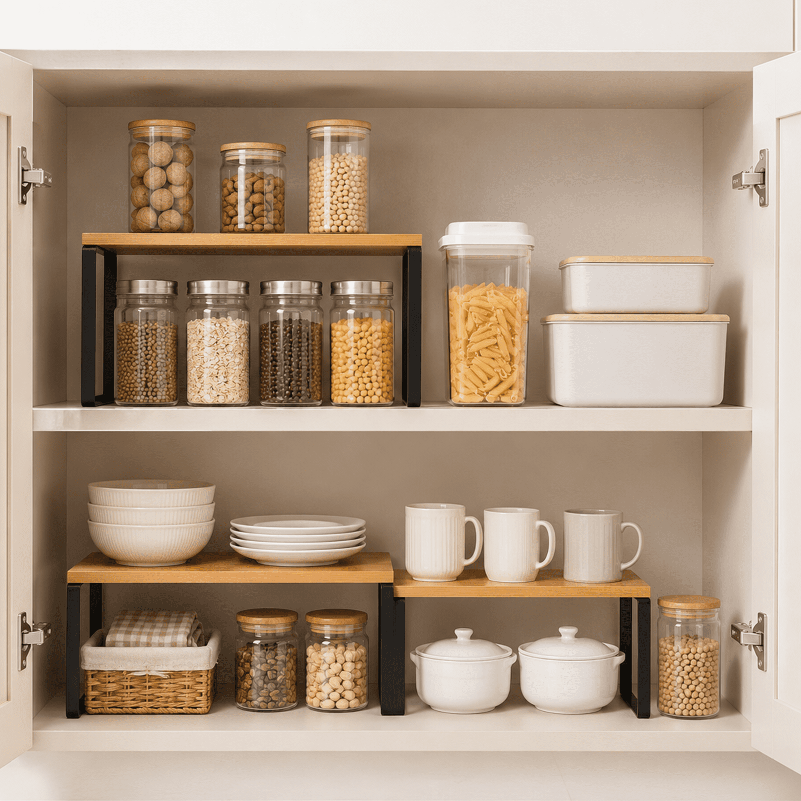 Koomade 2 Pack Cabinet Organizers Shelves, Multipurpose Storage Rack, Kitchen Cabinet Storage, 11.7''W, Bamboo wood tone + Black