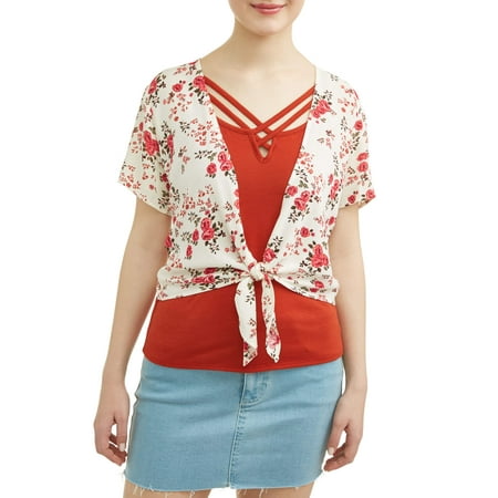 Floral Print Empire Tie Top - No Boundaries Juniors' printed tie front kimono and caged tank 2fer