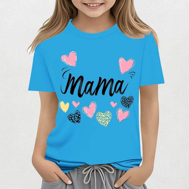 hengsof T-Shirt à Manches Courtes Imprimé Doux et à la Mode pour Filles, Chandail Décontracté Confortable, Cadeau de Vacances à Col Rond pour Filles 3-15 Ans