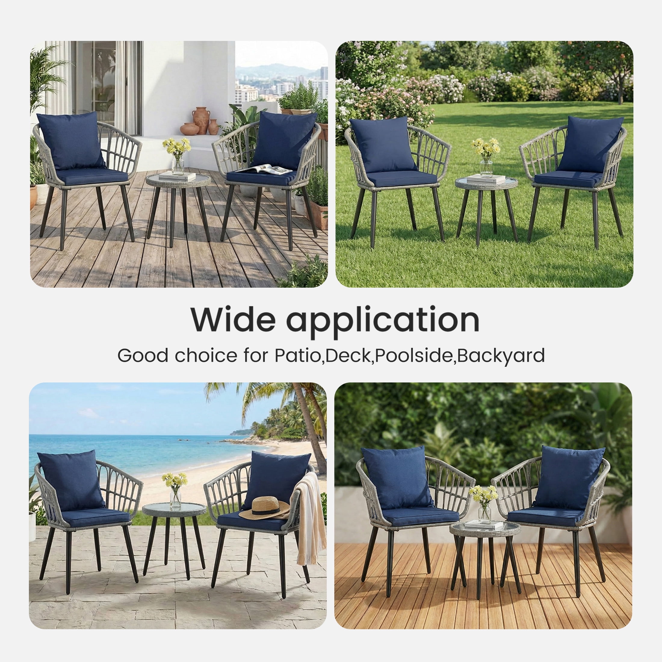 EDX 3 Piece Outdoor Patio Wicker Furniture Set, Rattan Chairs with Tempered Glass Coffee Table, Sturdy Steel Frame, Washable Cushions, for Balcony Backyard Poolside Lawn,Blue