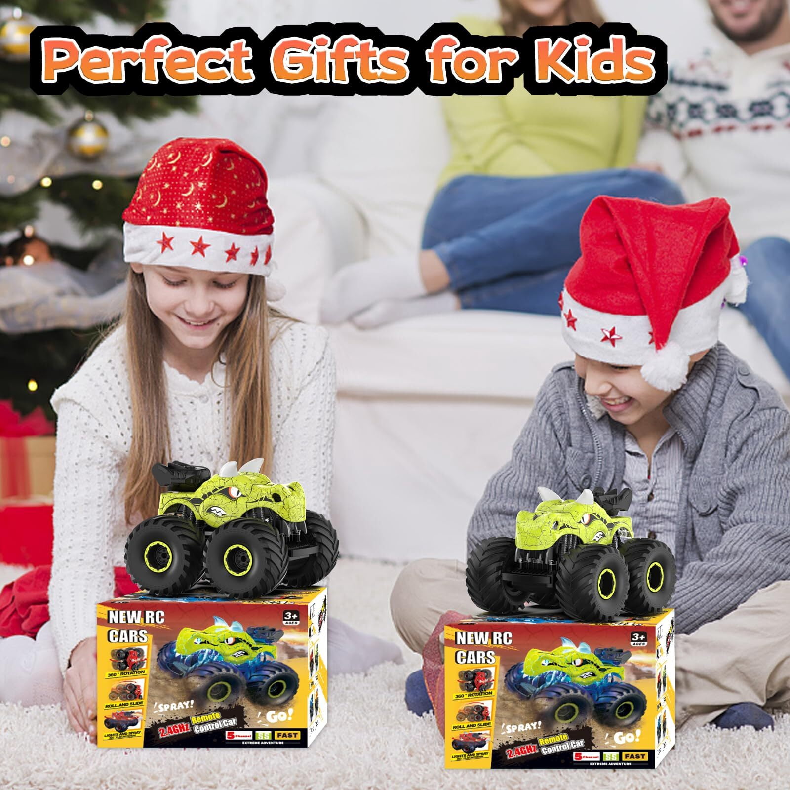 JUGAAD LIFE Dinosaur Remote Control Car 2.4GHz RC Monster Trucks for Boys Girls with Light, Sound & Spray, Dinosaur Toys Gift for Kids 3 4 5 6 7 8 Years Old-Green
