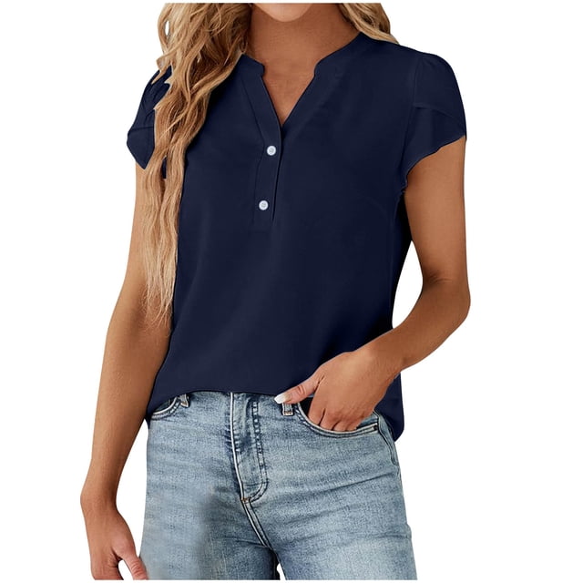 Women's Dressy Casual Tops Short Sleeve Summer Basic Tees Button Down V Neck Tshirt Business Work Blouses