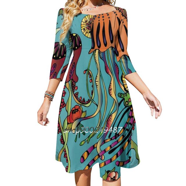 Vestido de verano dulce con escote cuadrado y medusas, elegante vestido con estampado halter para mujer