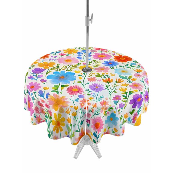 Outdoor Table Cloth with Umbrella Hole and Zipper, Colorful Spring Floral Waterproof Round Tablecloth 54 Inch, Summer Watercolor Botanical Washable Table Cover for Outside Party Patio Picnic