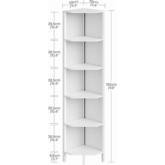 LED Corner Shelf with Lights, 5-Tier Diamond Shape Bookshelf, Standing Narrow Storage Organizer for Living Room, Bedroom, Office, Study, White MCJ03DWB