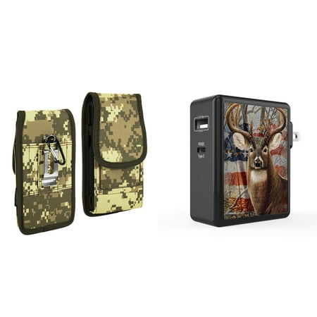 

Pouch and Wall Charger Bundle for OnePlus 10T 5G: Vertical Rugged Nylon Belt Holster Case (Digital Camo) and 45W Dual USB Port PD Power Delivery Type-C and USB-A Power Adapter (American Deer Camo)