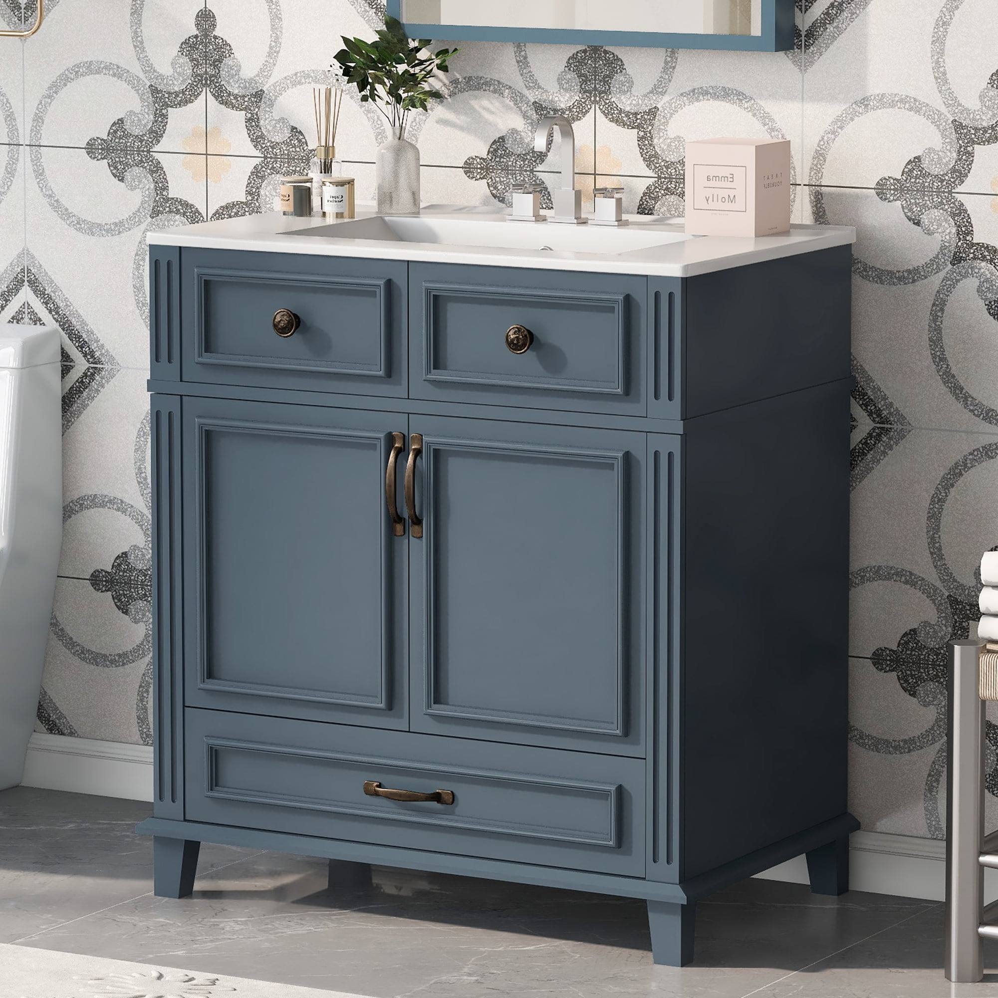 30 Inch Retro Bathroom Vanity with Ceramic Sink Solid Wood Storage Cabinet Soft Closing Doors Blue