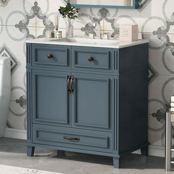 30'' Bathroom Vanity with Ceramic Sink,Solid Wood Frame Bathroom Storage Cabinet with Soft Closing Doors,Retro Style, Blue