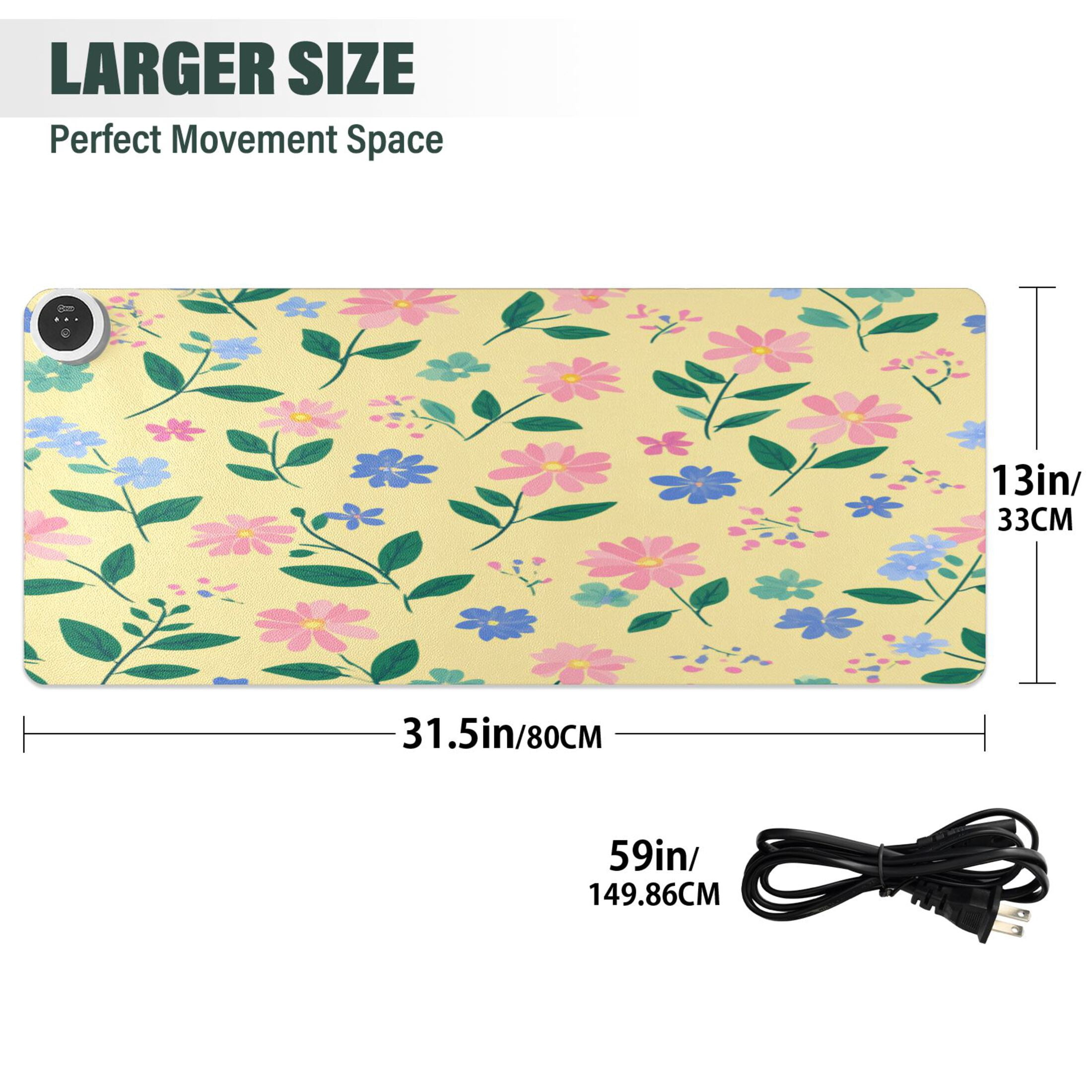Large Heated Desk Mat Mouse Pad 31.5"x13"PU Leather Graphene Heating Desk Warmer with 3 Temperature Settings 110V US Plug Non-Slip Warm Pad for Home, Office, and Gaming Spring Meadow Floral Print