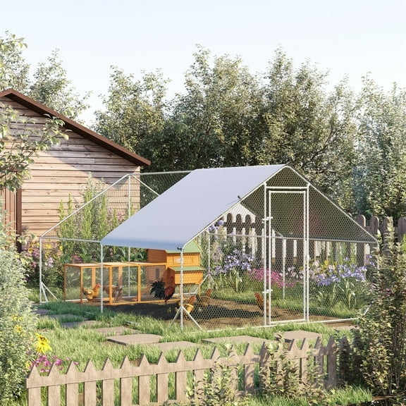 PawHut Galvanized Metal Chicken Coop Walk-in Enclosure w/ Cover for Outdoor