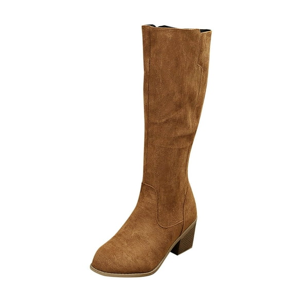 Cmunyle Women'S High-Calf Boots Suede Round Toe Block Heel Side Zipper Fall Winter Comfortable Casual Khaki Size: Us 7