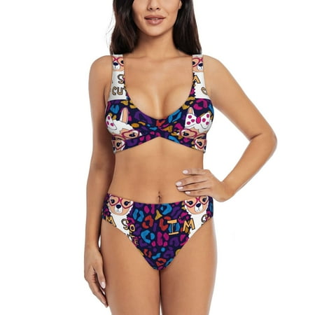 Zeuib Llama Alpaca High Waisted Tummy Control Bikini Set - Knot Front Push Up Top & Cheeky Thong Bottom  Two-Piece Swimsuit for Women-XX-Large