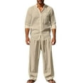 thumbnail image 2 of QATAINLAV Mens 2 Piece Linen Outfits Long Sleeve Button Down Shirts and Loose Wide Leg Pants Set Summer Beach Vacation Clothes Khaki XL, 2 of 9