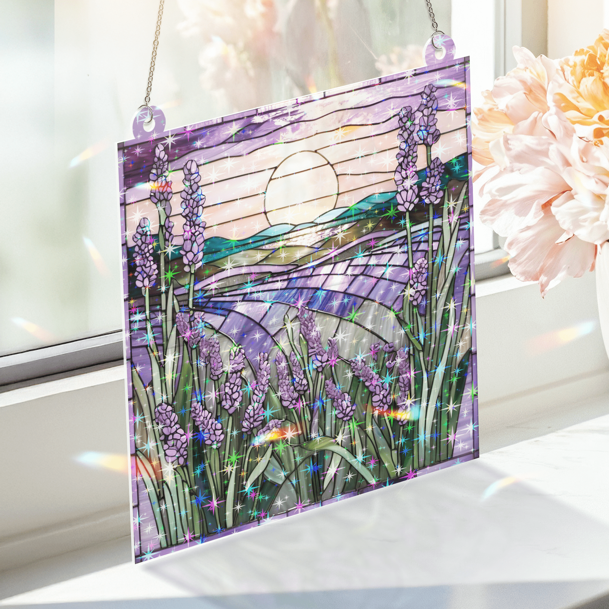 89Bloom Lavender Stained Glass Hologram Ornament, Stained Glass Suncatcher Ornaments Home Decor, Holographic Ornaments