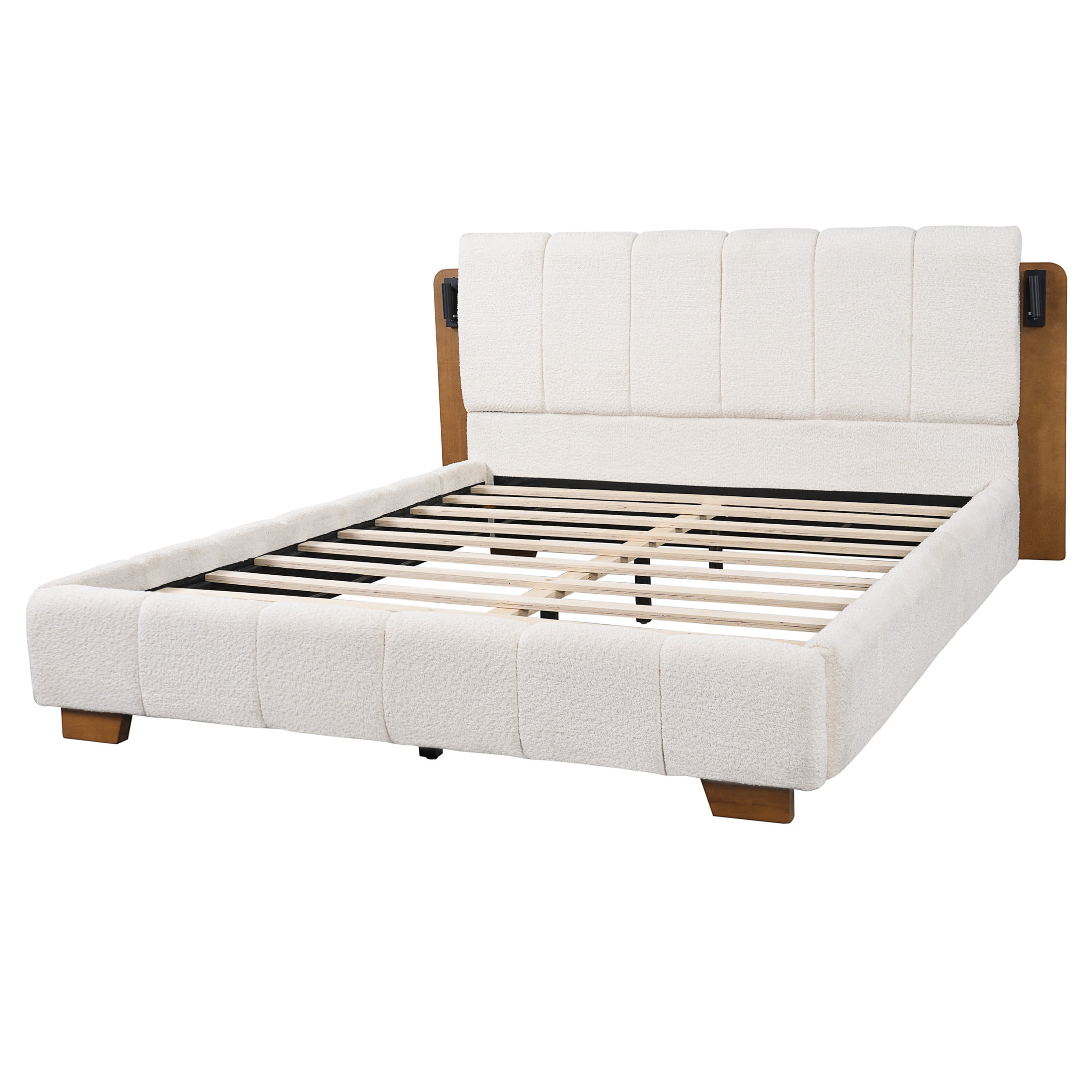 Christopher Knight Home Modern Upholstered Platform Bed with Built-in Reading Lights, Queen, White+Brown