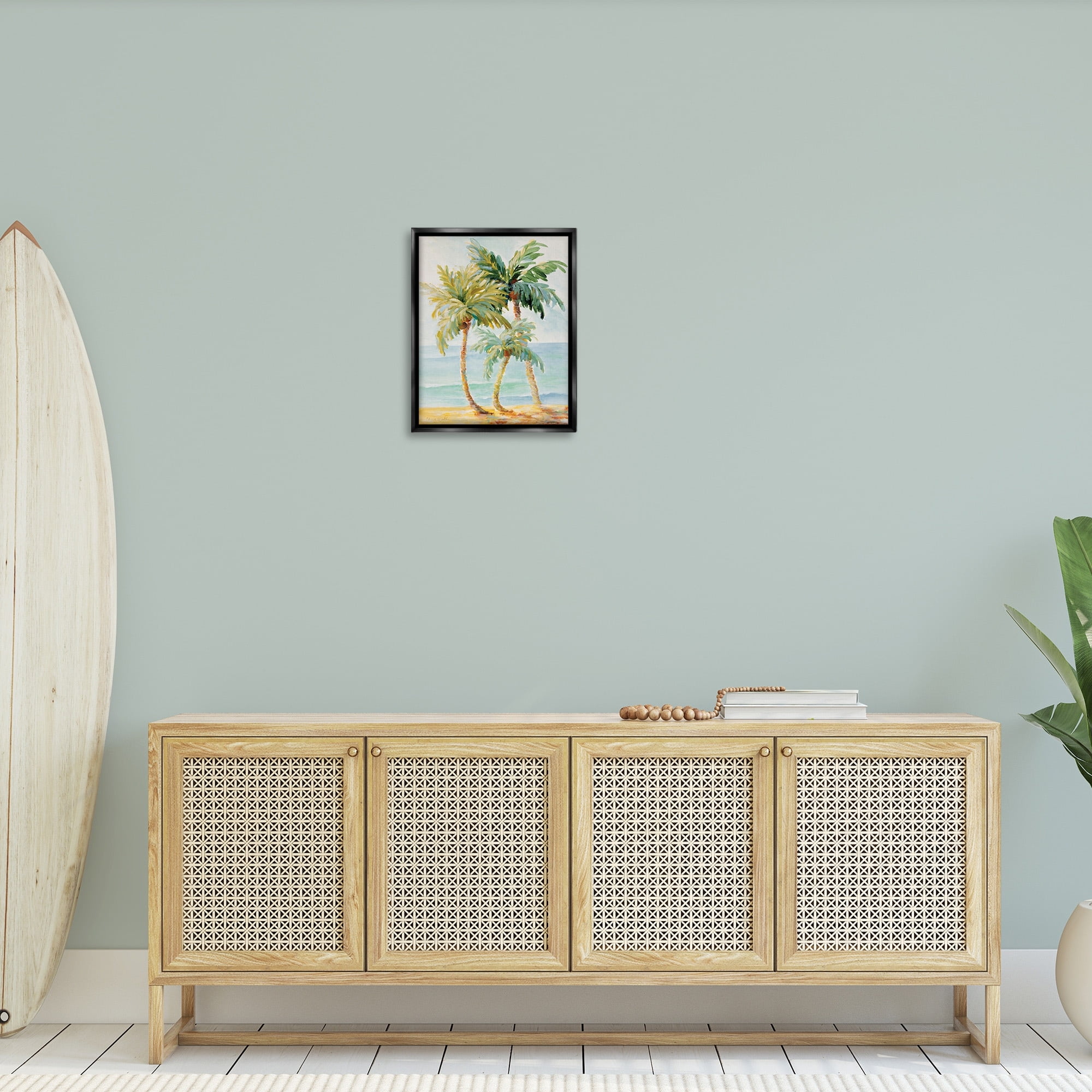 Stupell Industries Tropical Palm Trees on Coastal Beach Sand Jet Black Framed Floating Canvas Wall Art, 16x20, by Lanie Loreth
