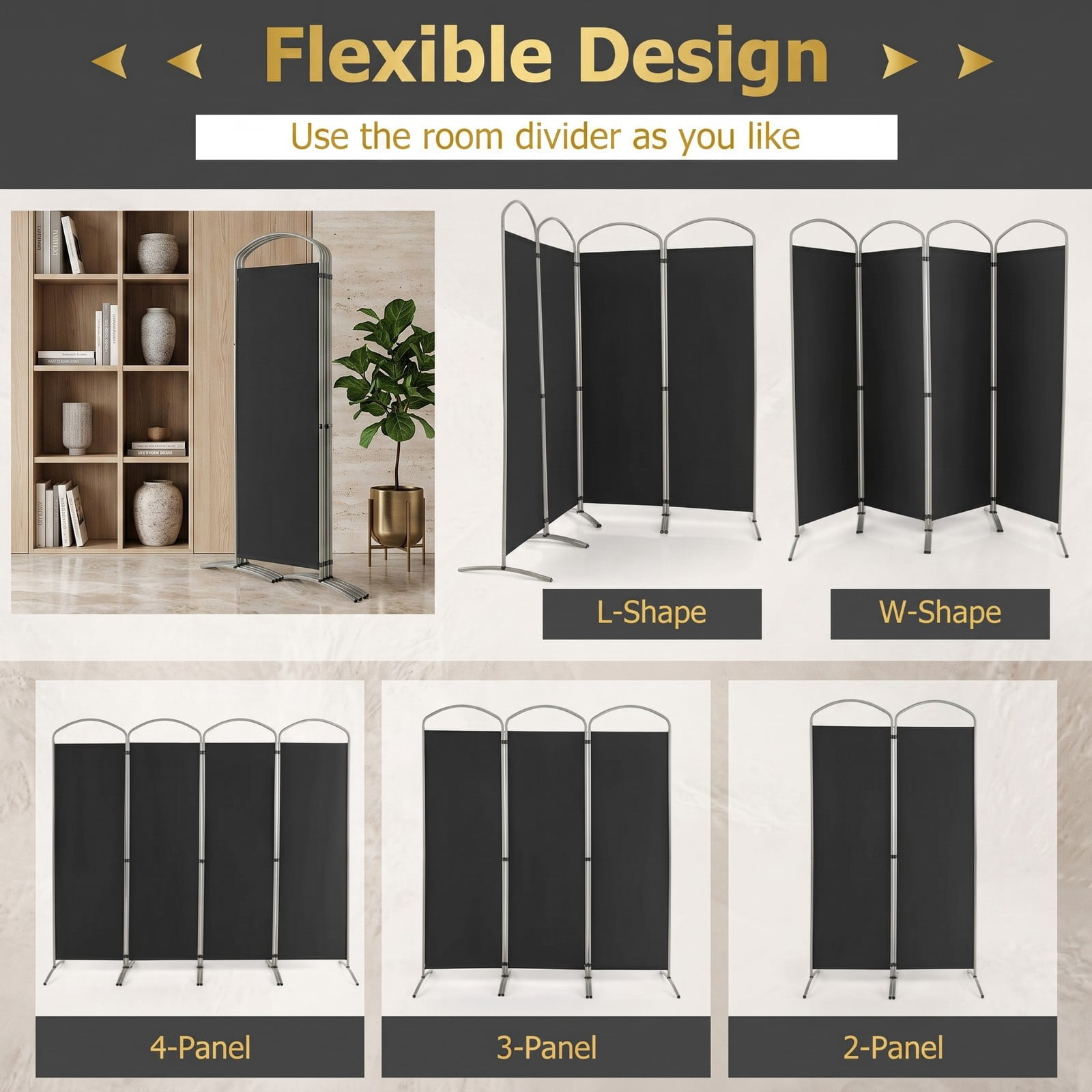ALPULON 6.2Ft Folding 4-Panel Room Divider Freestanding Privacy Screen Partition for Home Office Living Room Bedroom, Polyester Fabric with Metal Base, Black