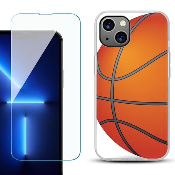 Slim-Fit TPU Phone Case for iPhone 14 Plus, with Tempered Glass Screen Protector, by OneToughShield ® - Basketball