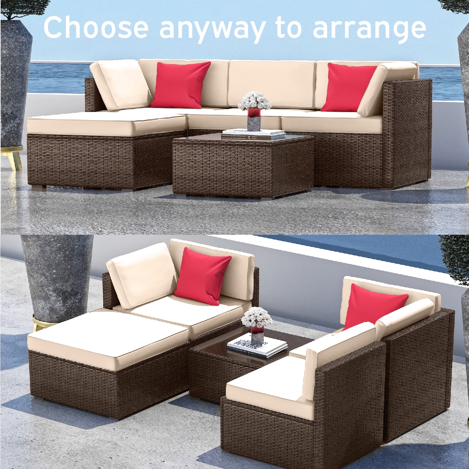 Hearth & Harbor 5-Piece Outdoor Furniture Sets, Wicker Sectional Patio Set, Brown/Beige