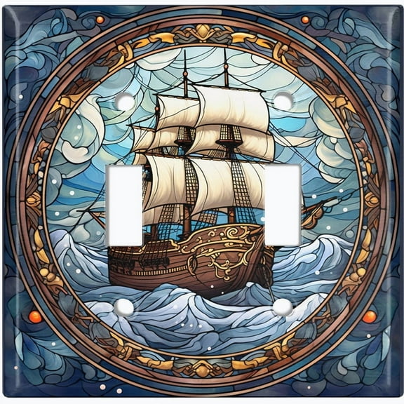 Metal Light Switch Wall Plate Outlet Cover (Printed Image of Stained Glass Pirate Ship - Double Toggle)
