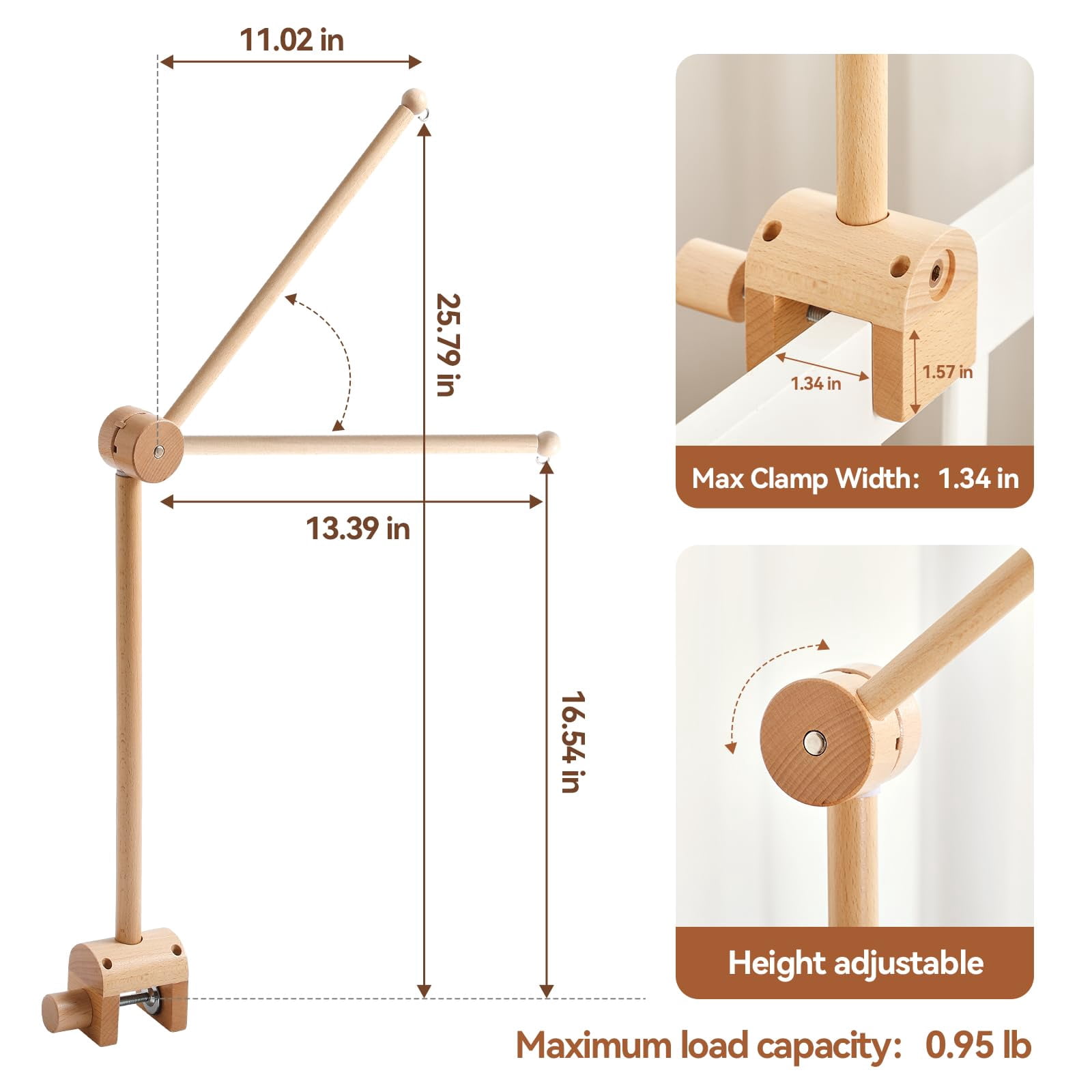 HYPERLIVING Crib Mobile Arm - Rotating Baby Mobile Hanger, Natural Beech Wood, Mobile Stand for Crib Nursery Decor, Perfect for Baby Girl or Boys
