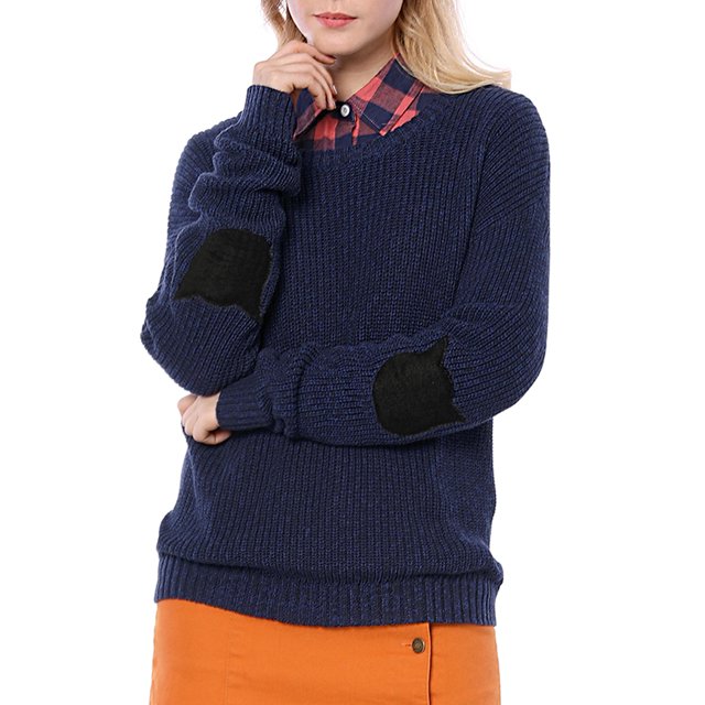Unique Bargains Junior's Pullover Drop Shoulder Elbow Cat Patch Loose Sweater Pullover