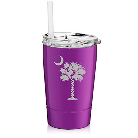 

12 oz Tumbler Double Wall Stainless Steel Vacuum Insulated Coffee Travel Mug With Straw Palmetto Tree South Carolina Palm Moon (Purple)