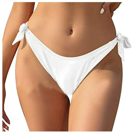 HCNTES Women Thong Bikini Bottoms High Cut Swimsuit Bathing Suit Brazilian Swimwear Bottom(M White)