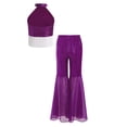 thumbnail image 4 of SiiRoh Kids Girls 70s Disco Jazz Dance Outfits Shiny Sequin Halter Crop Top with Flare Pants Stage Performance Purple 16, 4 of 7