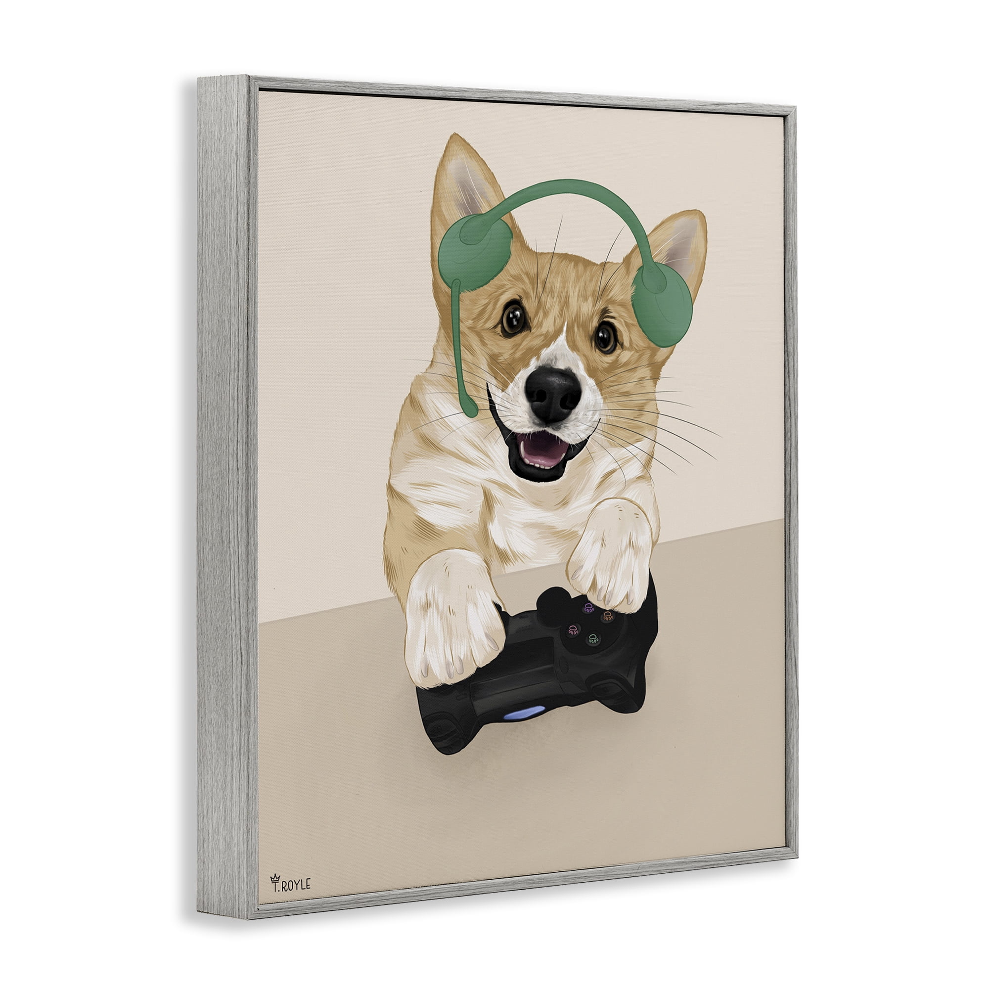 Stupell Industries Happy Gamer Dog Animals & Insects Painting Gray Framed Art Print Wall Art, 11 x 14