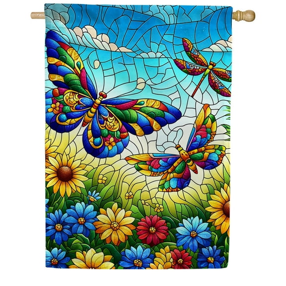 America Forever Stained Glass Butterfly House Flag, 28 x 40 inch Double Sided, Spring Summer Fall Floral Decorative Seasonal Outdoor Decor, Holiday Outside Decorations Yard Flag