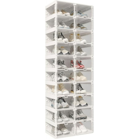 Foldable Shoe Rack Shoe Organizers for Closet Plastic Shoe Storage Box Space Saving for Entryway Large Sturdy Stackable Sneaker Cabinet Bins with Magnetic Clear Door 10 Tiers 20 Pairs