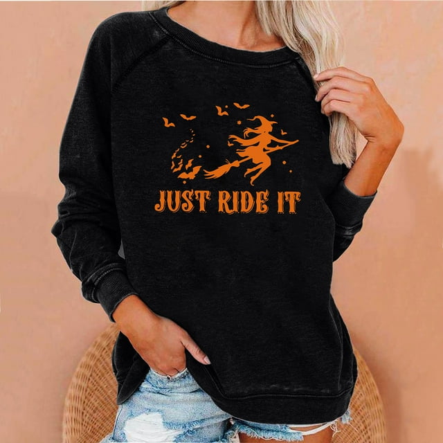 Nouveaux Hauts pour Femmes 2023 en Solde Hauts Décontractés à Manches Longues Col Rond Blouse Ample Imprimé Graphique d'Halloween Chandail en Molleton Costumes d'Halloween pour Femmes