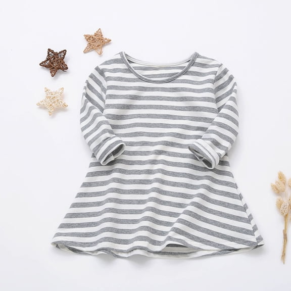 Long Sleeve Dresses for Girls Cotton 6M-5Y Toddlers Kids Casual Stripe Printed Crewneck Loose Pullover Soft Going Out Loungewear Tshirts Dress