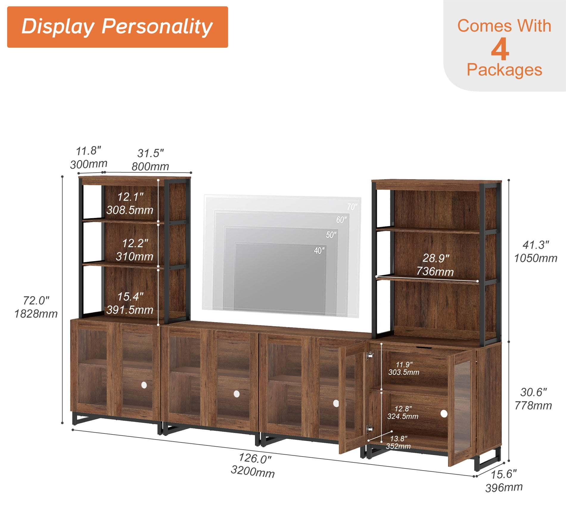 WAMPAT Modern Farmhouse TV Stand with 3-Tier Bookshelf & 4 Large Storage Cabinets, Adjustable Shelf Wooden Media Console with Glass Doors, Entertainment Center for Living Room